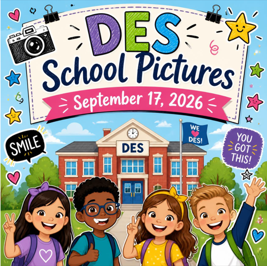 DES School Pictures September 17, 2026 Cartoon like children in front of a cartoonlike school.